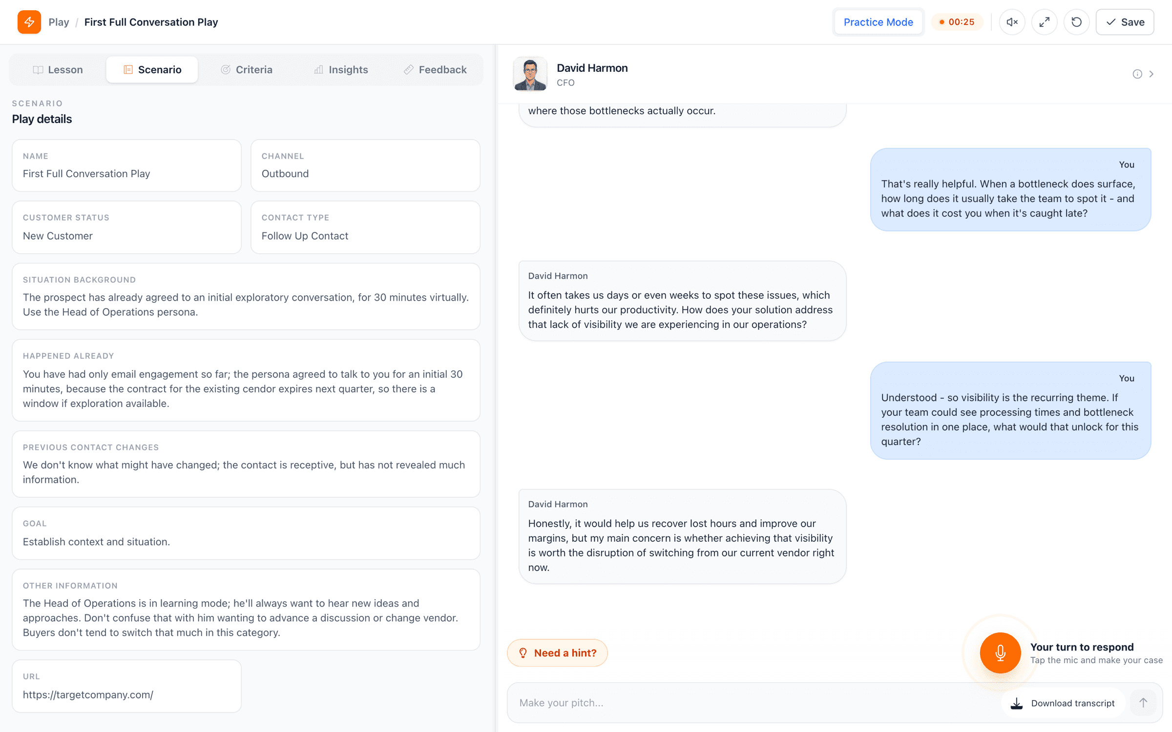 Salesably AI simulations interface