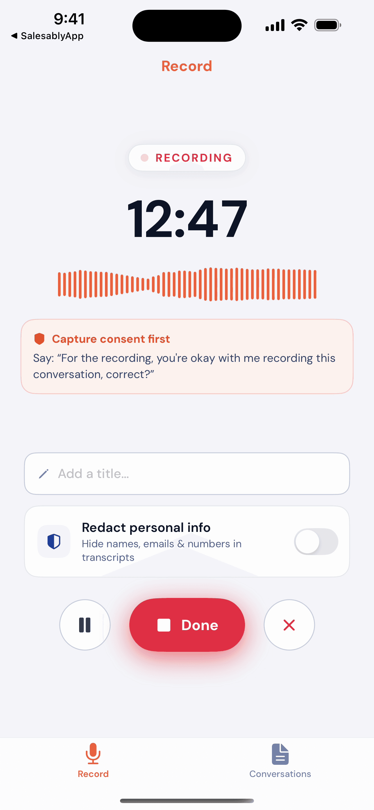 Recording screen in the Salesably Recorder app