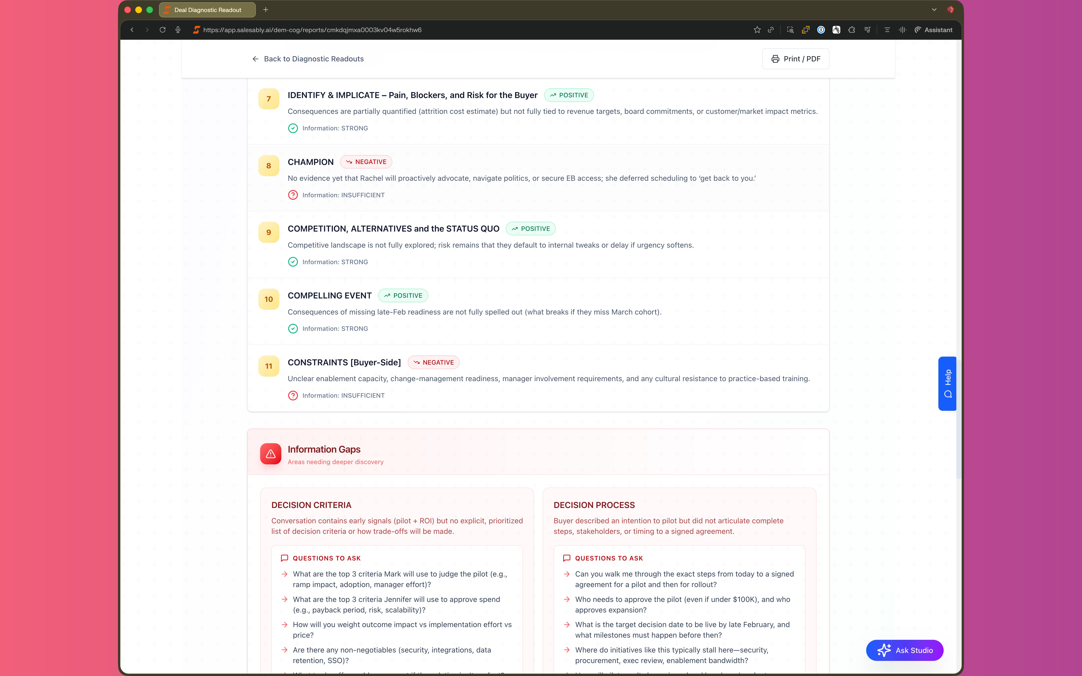 Detailed Deal Diagnostic Readout showing discovery tracks, information gaps, and suggested questions to ask
